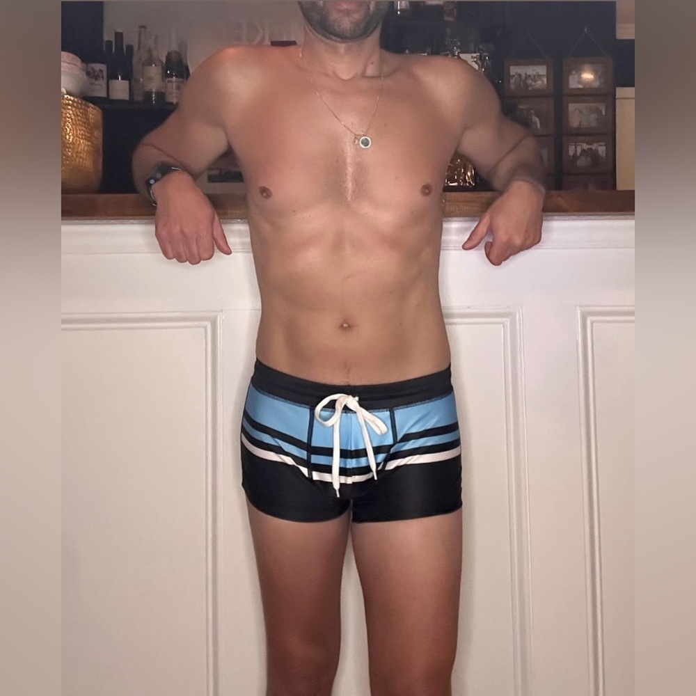 Cassis Square Cut Swim Trunks in Blue, Black & White (Medium / 30-32" Waist) - Picture 2 of 13
